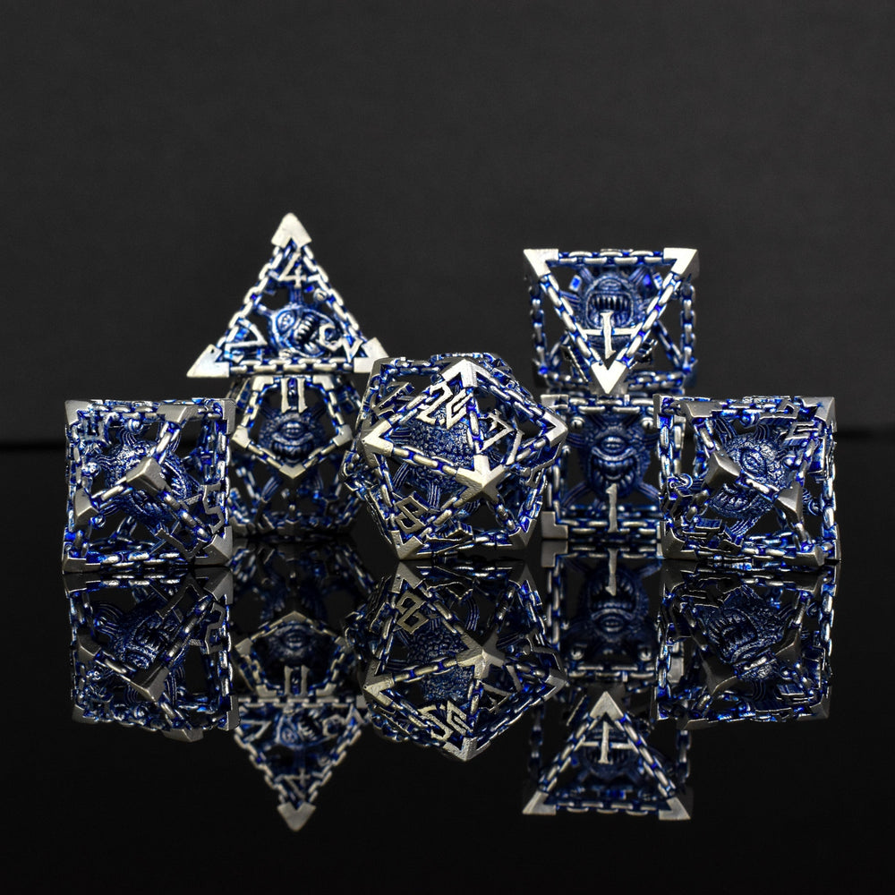 Beholder's Gates Hollow Metal Dice Set - Blue and Silver (ONLINE ORDER ONLY)