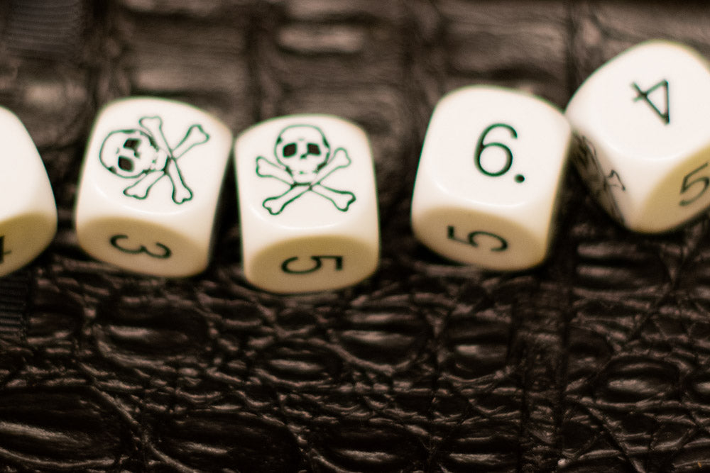 White Pirate D6 Dice Numbered with Skull and Cross Bones (sold per die) (Online Only)