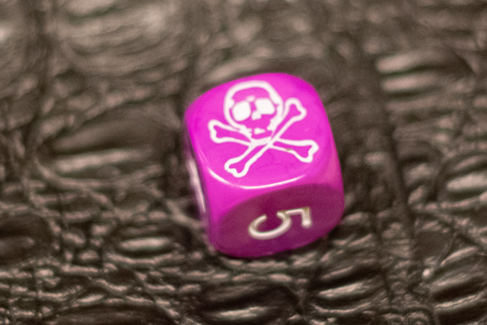 Purple Pirate D6 Dice Numbered with Skull and Cross Bones (sold per die) (Online Only)