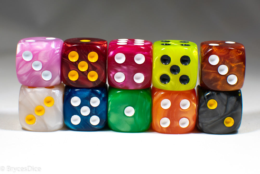 Pearl/Swirl Pipped d6 Dice Orange/Pink/Maroon/Electric Yellow/Brown/Blue/Green/Cranberry 16mm (SOLD BY PIECE) (Online Only)