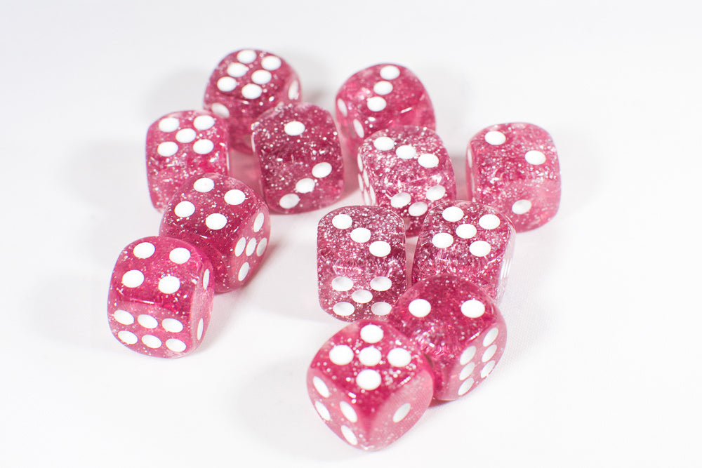 Pink with Glitter D6 16mm Pipped Dice (sold by the piece) (Online Only)
