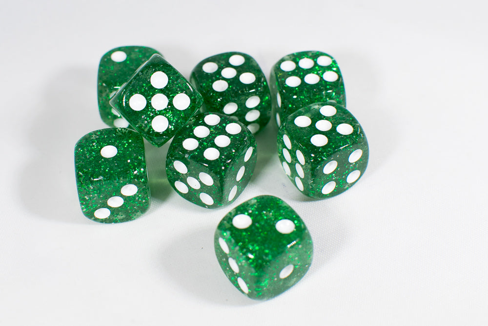 Green with Glitter D6 16mm Pipped Dice (sold by the piece) (Online Only)