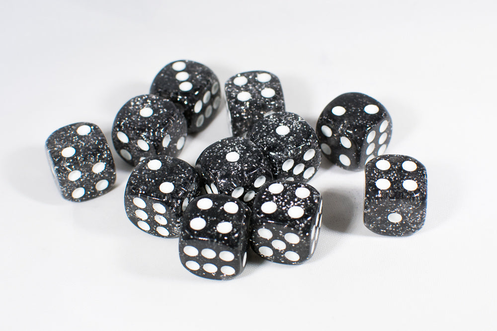 Black with Glitter D6 16mm Pipped Dice (sold by the piece) (Online Only)