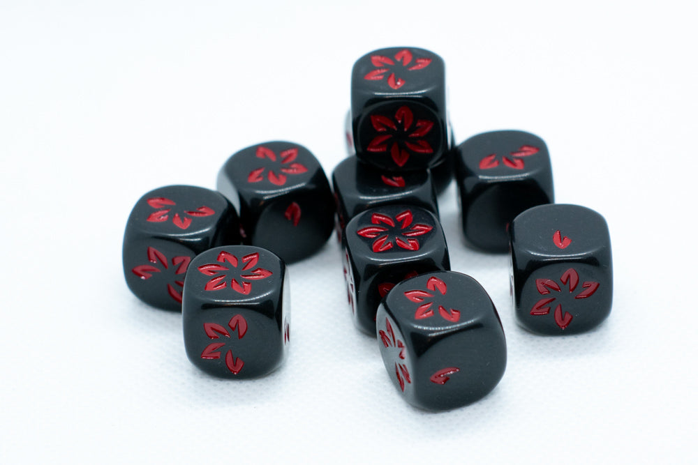 Black w/Red Falling Petals Dice 16mm D6 Flower Dice (sold per die) (Online Only)