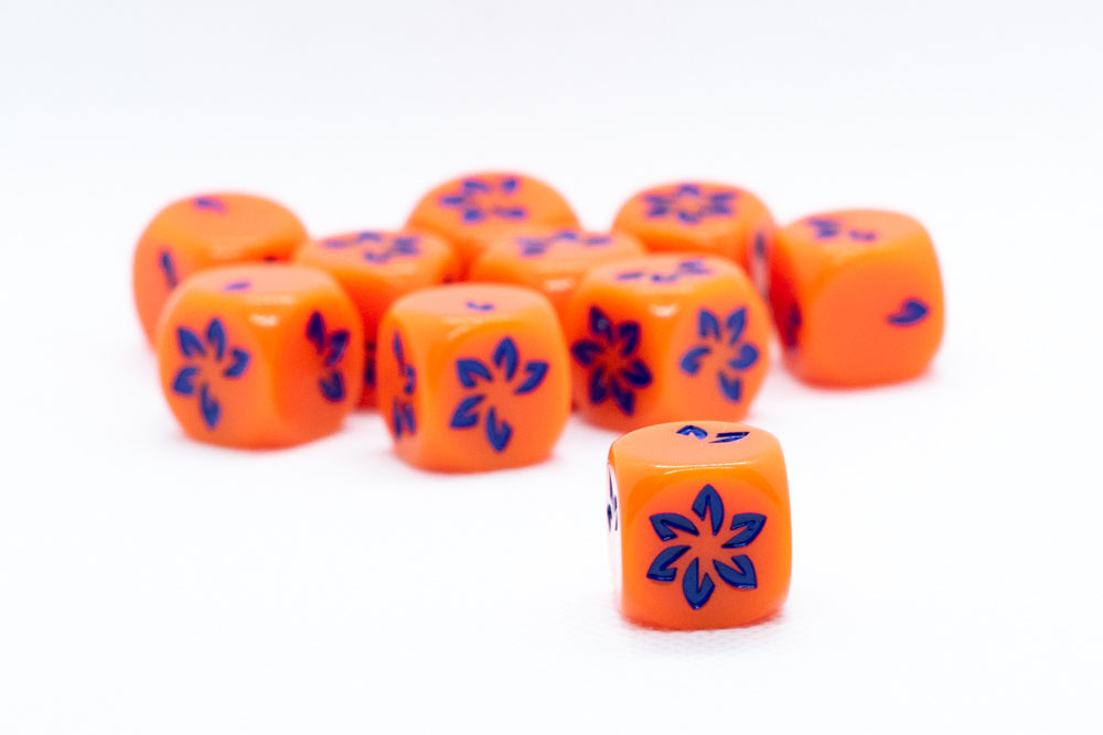 Orange w/Blue Falling Petals Dice 16mm D6 Flower Dice (sold per die) (Online Only)
