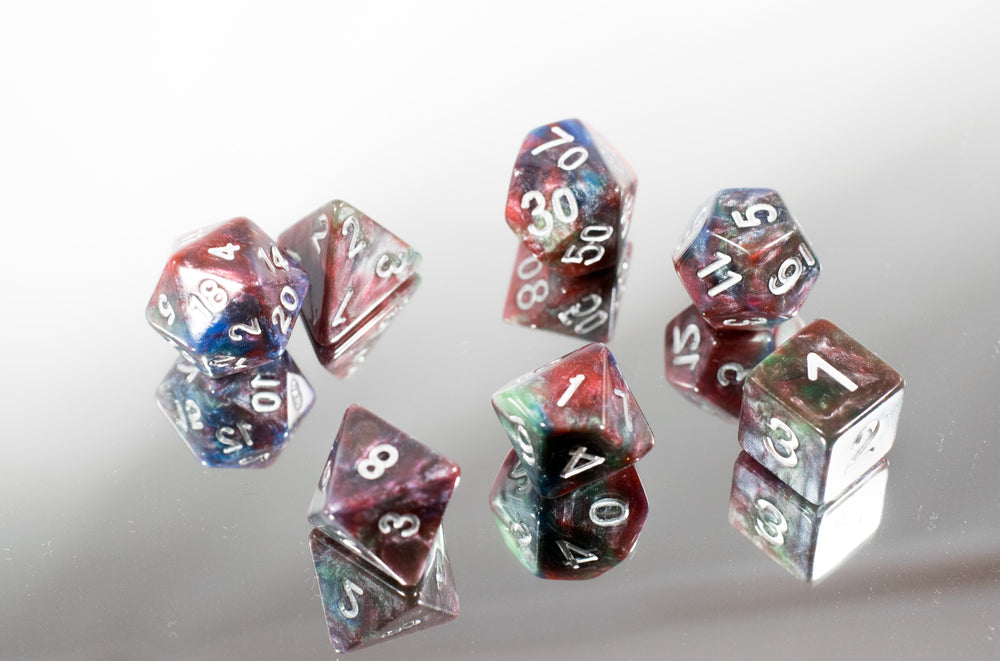 Red/Green/Blue Marbleized Poly Dice Set (7) Green Acrylic Silver Numbers HDdice (Online Only)