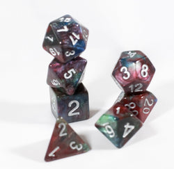 Red/Green/Blue Marbleized Poly Dice Set (7) Green Acrylic Silver Numbers HDdice (Online Only)