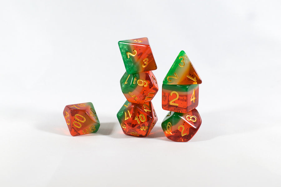 Watermelon Semi-Translucent Poly Dice Set (7) Red Green White Acrylic Gold (Online Only)