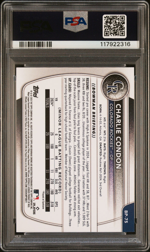 Graded 2025 Topps Bowman Charlie Condon #BP75 Paper Prospects Rookie RC Baseball Card PSA 10 Gem Mint (ONLINE ORDER ONLY)