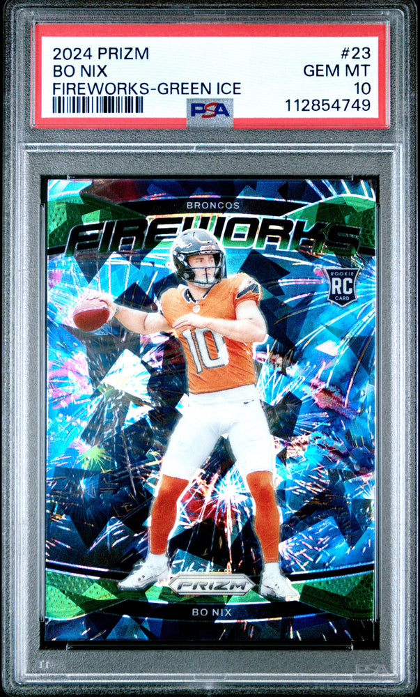Graded 2024 Panini Prizm Bo Nix #23 Fireworks Green Ice Rookie RC Football Card PSA 10 Gem Mint (ONLINE ORDER ONLY)