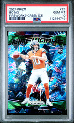 Graded 2024 Panini Prizm Bo Nix #23 Fireworks Green Ice Rookie RC Football Card PSA 10 Gem Mint (ONLINE ORDER ONLY)