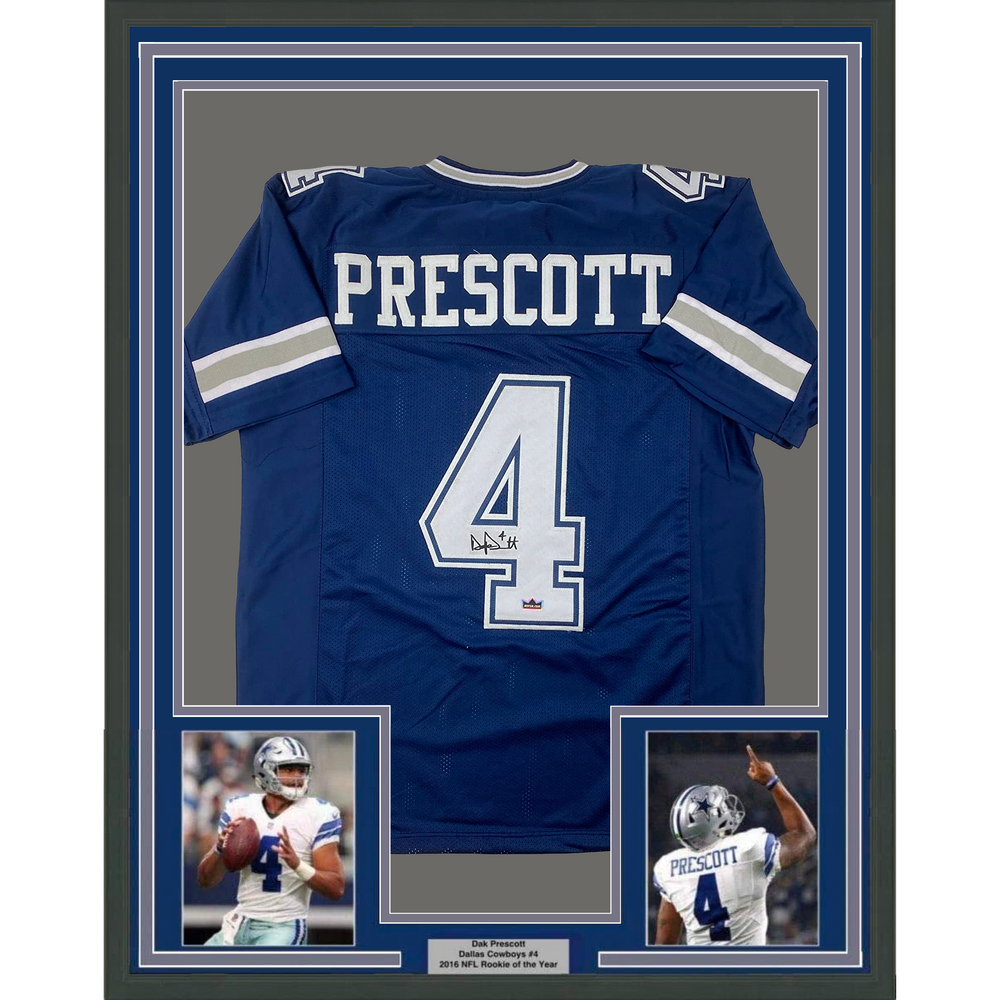Framed Facsimile Autographed Dak Prescott 35x39 Dallas Blue Reprint Laser Auto Football Jersey Size Men's XL (ONLINE ORDER ONLY)