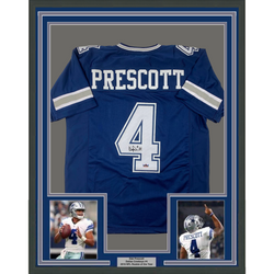 Framed Facsimile Autographed Dak Prescott 35x39 Dallas Blue Reprint Laser Auto Football Jersey Size Men's XL (ONLINE ORDER ONLY)