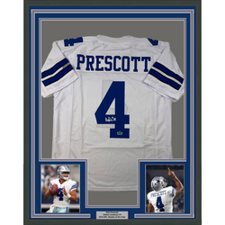Framed Facsimile Autographed Dak Prescott 35x39 Dallas White Reprint Laser Auto Football Jersey Size Men's XL (ONLINE ORDER ONLY)