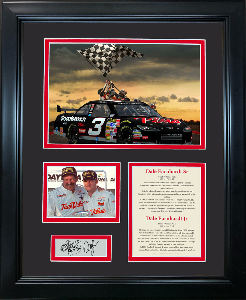 Framed Dale Earnhardt Jr & Sr Facsimile Laser Engraved Signature Dual Auto NASCAR 11"x14" Photo Sig Collage (ONLINE ORDER ONLY)
