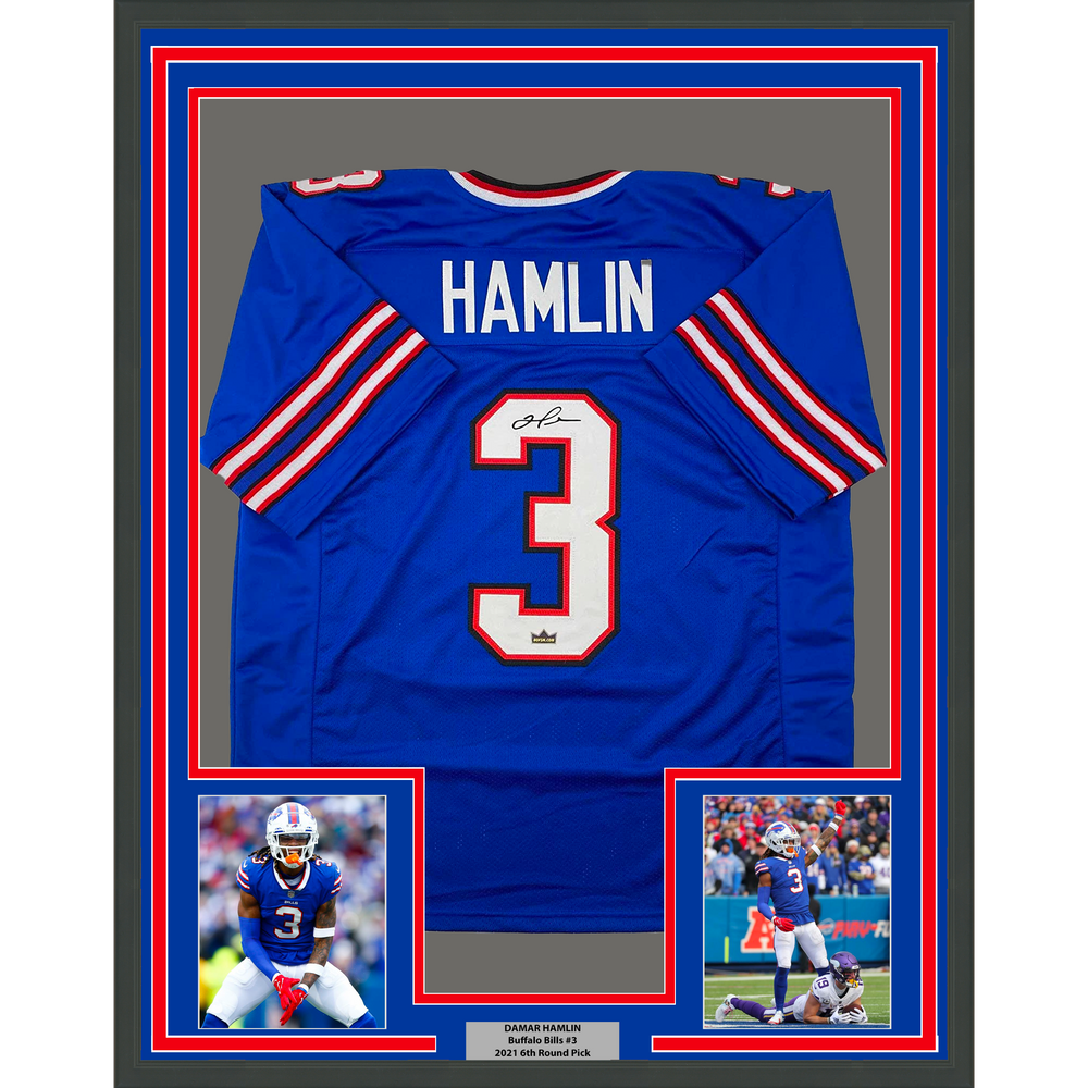 Framed Facsimile Autographed Damar Hamlin 35x39 Buffalo Blue Reprint Laser Auto Football Jersey (ONLINE ORDER ONLY)
