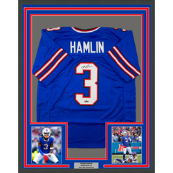 Framed Facsimile Autographed Damar Hamlin 35x39 Buffalo Blue Reprint Laser Auto Football Jersey (ONLINE ORDER ONLY)