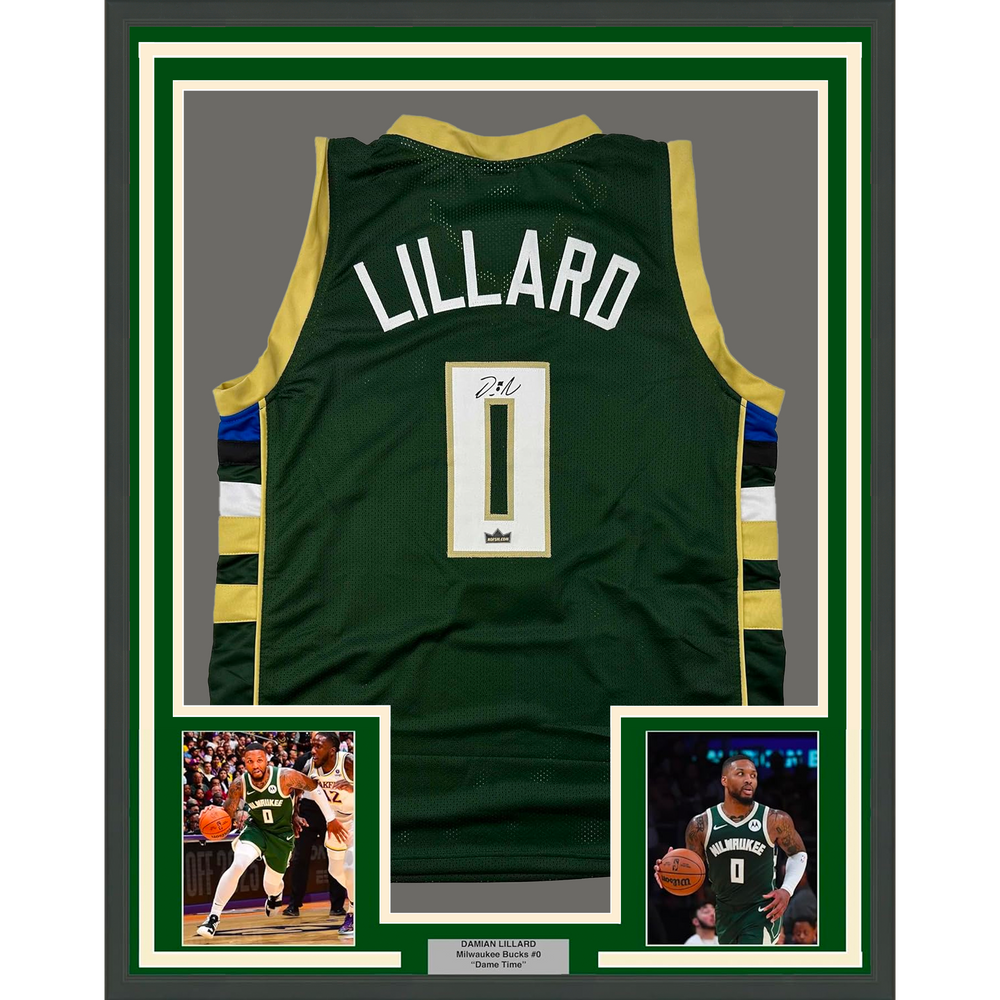 Framed Facsimile Autographed Damian Lillard 35x39 Milwaukee Green Reprint Laser Auto Basketball Jersey (ONLINE ORDER ONLY)