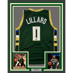 Framed Facsimile Autographed Damian Lillard 35x39 Milwaukee Green Reprint Laser Auto Basketball Jersey (ONLINE ORDER ONLY)