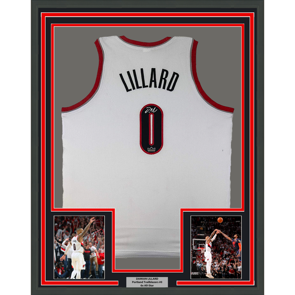 Framed Facsimile Autographed Damian Lillard 35x39 Portland White Reprint Laser Auto Basketball Jersey (ONLINE ORDER ONLY)