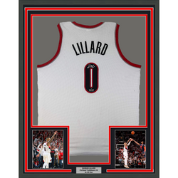 Framed Facsimile Autographed Damian Lillard 35x39 Portland White Reprint Laser Auto Basketball Jersey (ONLINE ORDER ONLY)