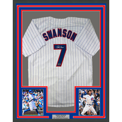 Framed Facsimile Autographed Dansby Swanson 35x39 Chicago Pinstripe Reprint Laser Auto Baseball Jersey (ONLINE ORDER ONLY)