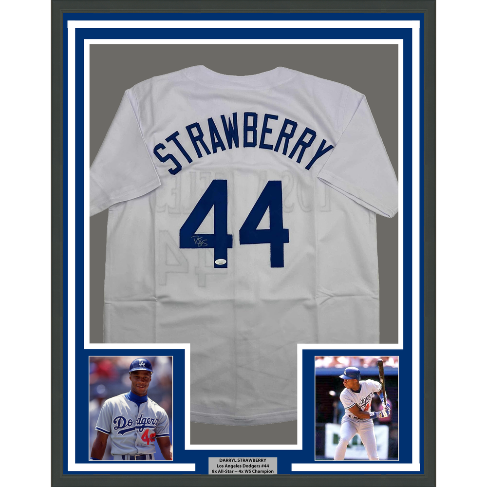 Framed Autographed/Signed Darryl Strawberry 35x39 Los Angeles LA White Baseball Jersey JSA COA