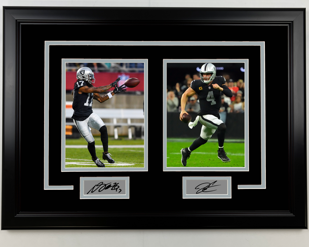 Framed Davante Adams and Derek Carr Facsimile Laser Engraved Signatures Las Vegas Raiders 17x23 Dual Football Photo (ONLINE ORDER ONLY)