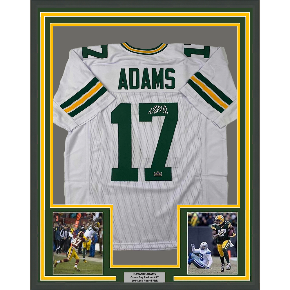 Framed Facsimile Autographed Davante Adams 35x39 Green Bay White Reprint Laser Auto Football Jersey Size Men's XL (ONLINE ORDER ONLY)