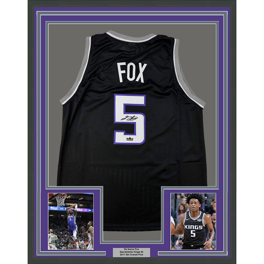 Framed Facsimile Autographed De'Aaron Fox 35x39 Sacramento Black Reprint Laser Auto Basketball Jersey (ONLINE ORDER ONLY)