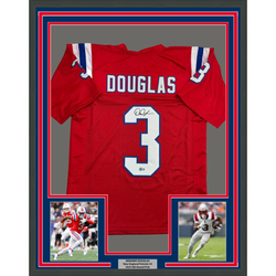 Framed Autographed/Signed DeMario Douglas 35x39 New England Red Football Jersey Beckett BAS COA