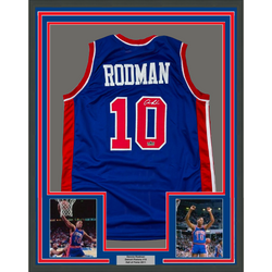 Framed Facsimile Autographed Dennis Rodman 35x39 Detroit Blue Reprint Laser Auto Basketball Jersey (ONLINE ORDER ONLY)