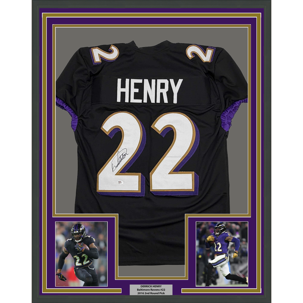 Framed Autographed/Signed Derrick Henry 35x39 Baltimore Black Football Jersey JSA COA