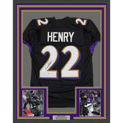 Framed Autographed/Signed Derrick Henry 35x39 Baltimore Black Football Jersey JSA COA