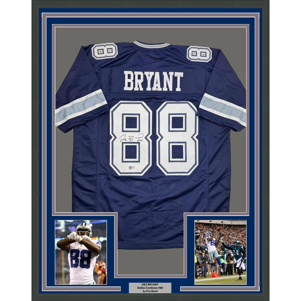 Framed Autographed/Signed Dez Bryant 35x39 Dallas Blue Football Jersey Beckett BAS COA