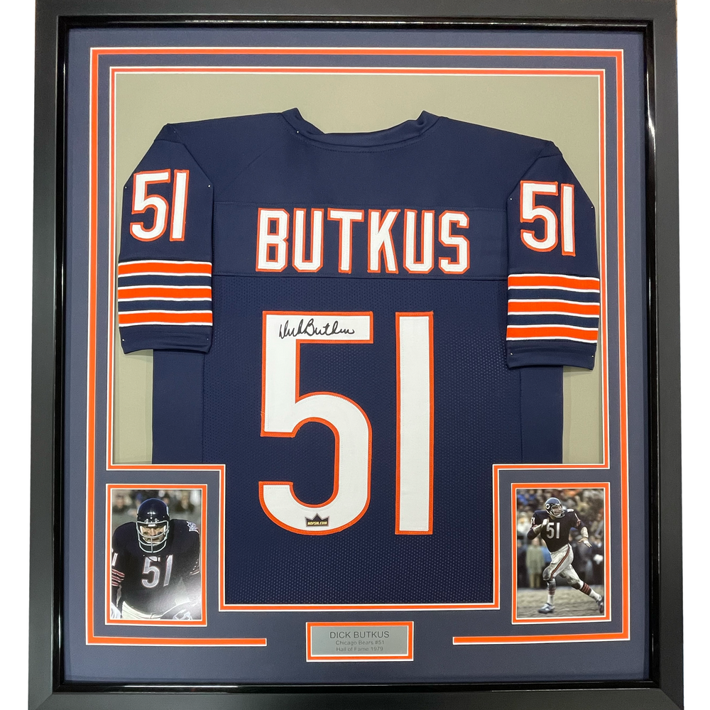 Framed Facsimile Autographed Dick Butkus 35x39 Chicago Blue Reprint Laser Auto Football Jersey (ONLINE ORDER ONLY)