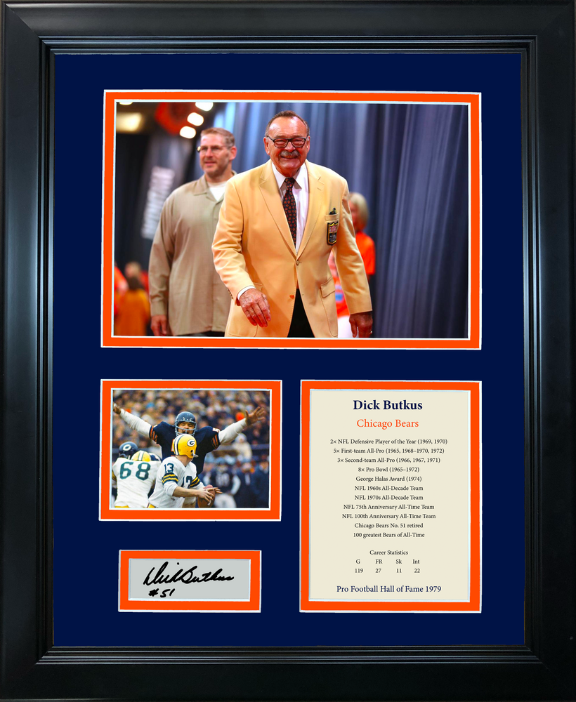 Framed Dick Butkus Hall of Fame Facsimile Laser Engraved Signature Auto Chicago Bears 11"x14" Photo Sig Collage (ONLINE ORDER ONLY)