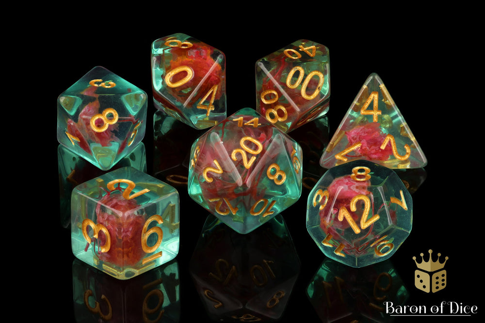 Teal with Red Flowers RPG Dice Set - 7 Pieces (ONLINE ORDER ONLY)