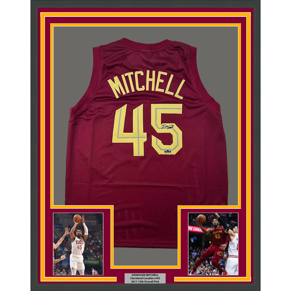 Framed Facsimile Autographed Donovan Mitchell 35x39 Cleveland Red Reprint Laser Auto Basketball Jersey (ONLINE ORDER ONLY)