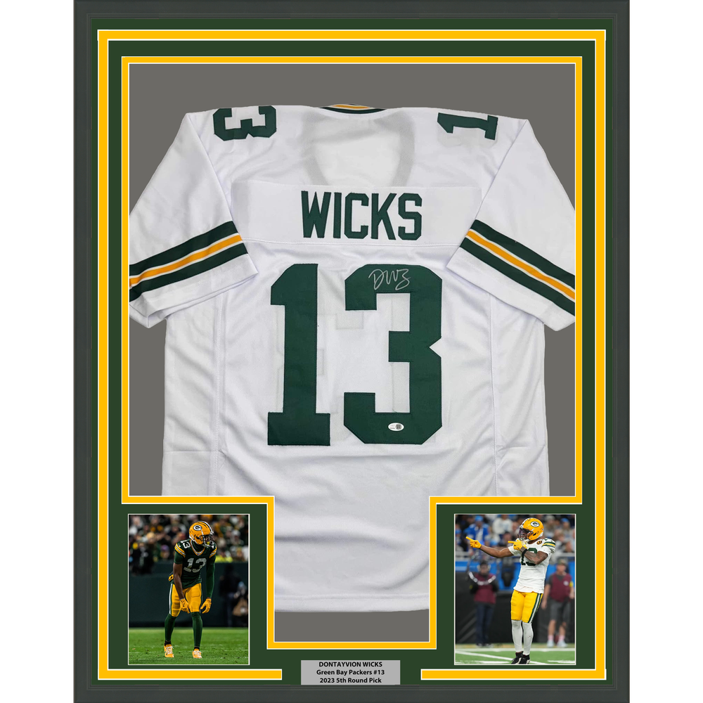 Framed Autographed/Signed Dontayvion Wicks 35x39 Green Bay White Football Jersey JSA COA