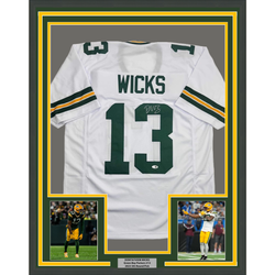 Framed Autographed/Signed Dontayvion Wicks 35x39 Green Bay White Football Jersey JSA COA