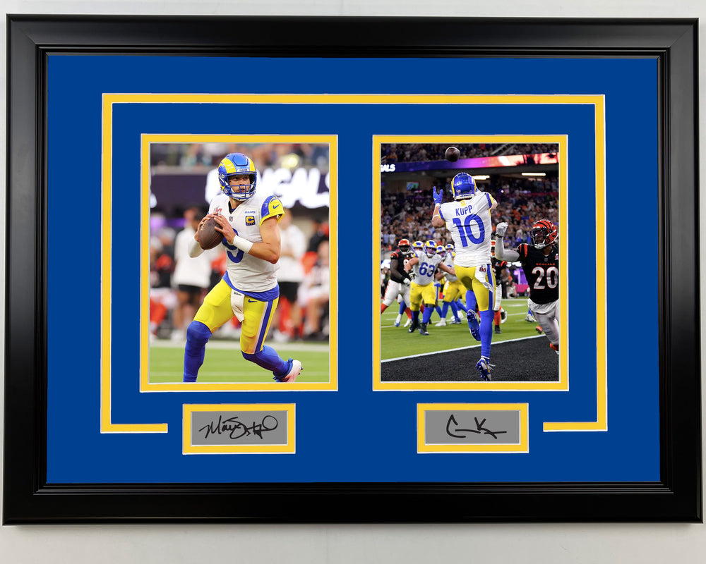 Framed Matt Stafford and Cooper Kupp Facsimile Laser Engraved Signatures Los Angeles Rams 17x23 Dual Football Photo (ONLINE ORDER ONLY)