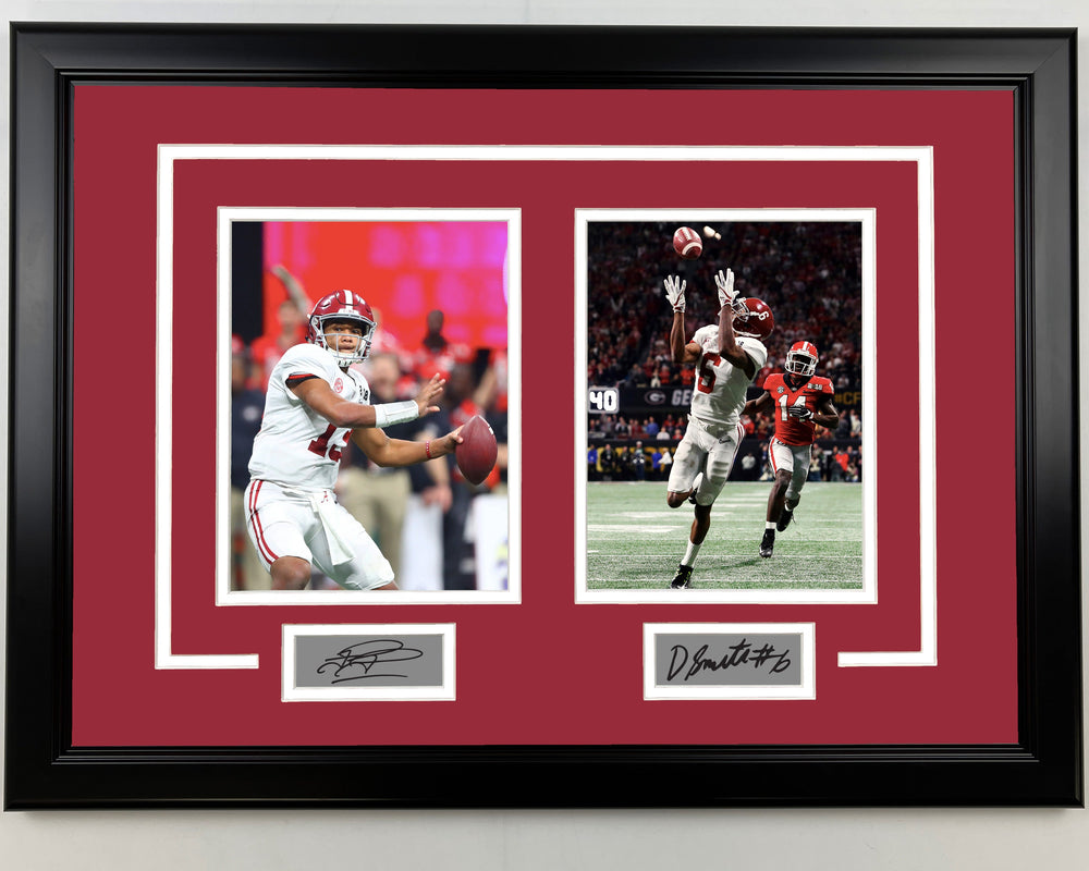 Framed Tua Tagovailoa and DeVonta Smith Facsimile Laser Engraved Signatures Alabama Crimson Tide 17x23 Dual Football Photo (ONLINE ORDER ONLY)