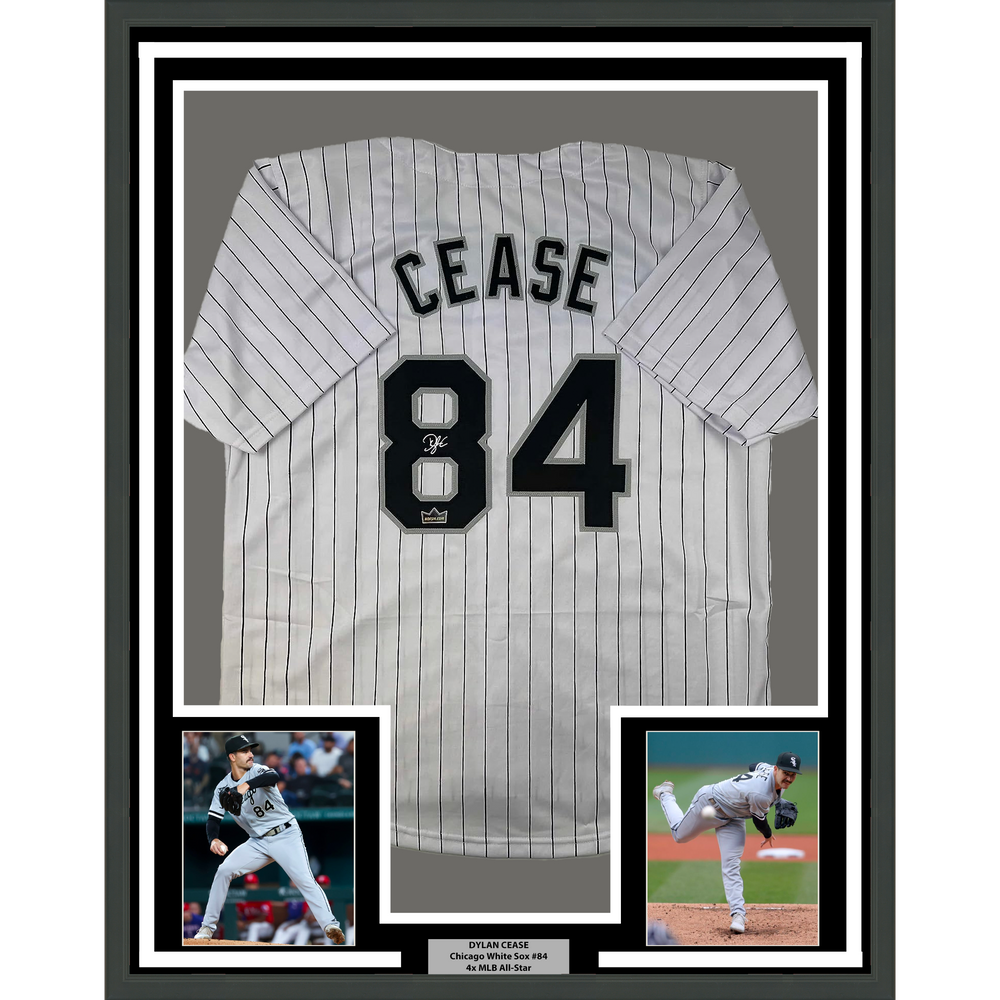 Framed Facsimile Autographed Dylan Cease 35x39 Chicago Pinstripe Reprint Laser Auto Baseball Jersey (ONLINE ORDER ONLY)