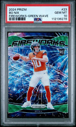 Graded 2024 Panini Prizm Bo Nix #23 Fireworks Green Wave Rookie RC Football Card PSA 10 Gem Mint (ONLINE ORDER ONLY)