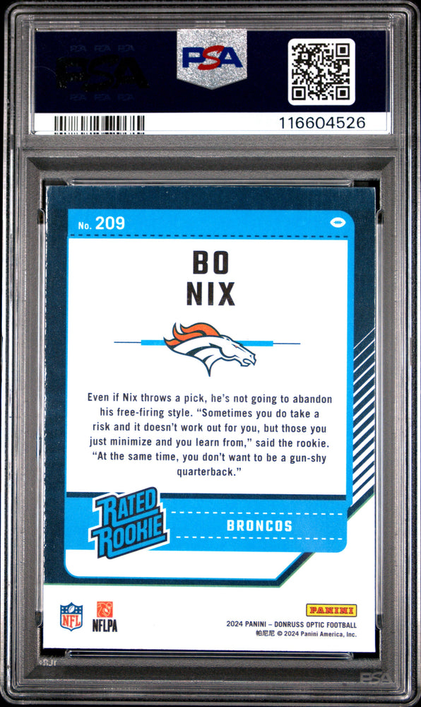 Graded 2024 Panini Donruss Optic Bo Nix #209 Rookie RC Football Card PSA 10 Gem Mint (ONLINE ORDER ONLY)