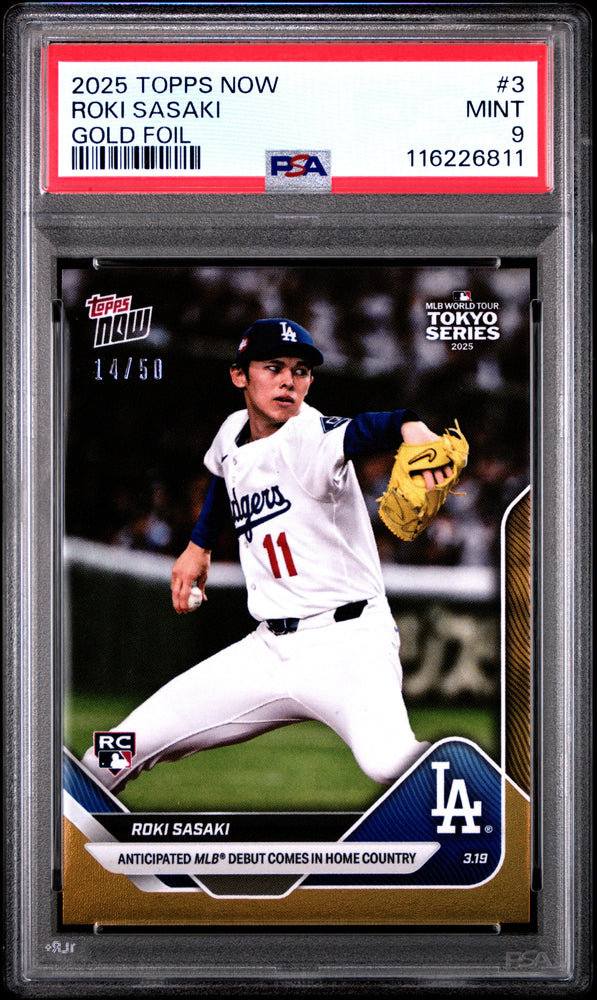 Graded 2025 Topps Now Roki Sasaki #3 Gold Foil /50 Rookie RC Baseball Card PSA 9 Mint (ONLINE ORDER ONLY)