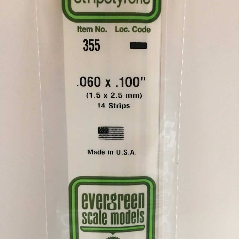 EVG355 Styrene Dimensional Strips .060in x .100in x 24in (14) Evergreen (ONLINE ORDER ONLY)