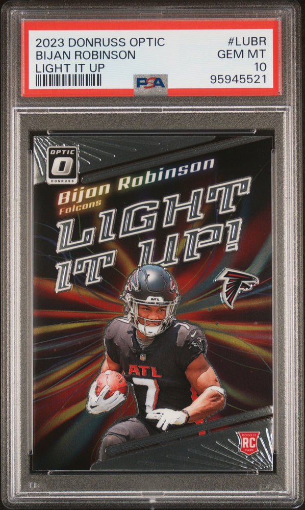Graded 2023 Panini Donruss Optic Bijan Robinson #LUBR Light It Up Rookie RC Football Card PSA 10 Gem Mint (ONLINE ORDER ONLY)