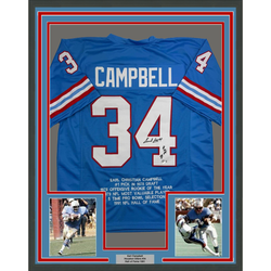 Framed Autographed/Signed Earl Campbell HOF 91 35x39 Houston Blue Stat Football Jersey JSA COA